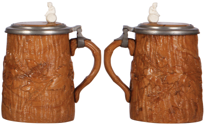 Stoneware stein, .5L, relief, marked P. & S., inlaid lid with figural Parian finial, mint. - 2