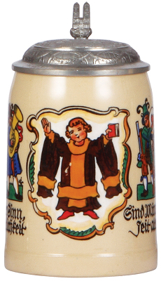 Pottery stein, .5L, transfer & hand-painted, signed P. Neu, Munich Child, relief pewter lid, minor scratches.