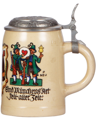 Pottery stein, .5L, transfer & hand-painted, signed P. Neu, Munich Child, relief pewter lid, minor scratches. - 2