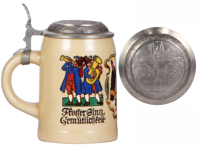Pottery stein, .5L, transfer & hand-painted, signed P. Neu, Munich Child, relief pewter lid, minor scratches. - 3