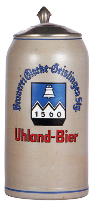 Stoneware stein, 3.0L, transfer & hand-painted, Brauerei Glocke-Geislingen Stg., Uhland Bier, pewter lid, mint.