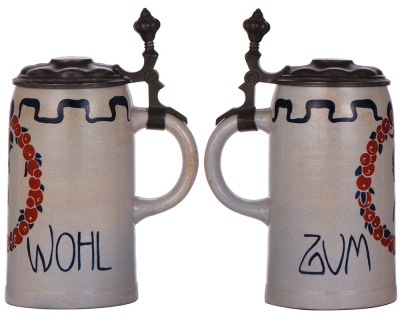 Stoneware stein, 1.0L, marked M. & W. Gr., design by L. Hohlwein, pewter lid, some color wear has been excellently repainted. - 2