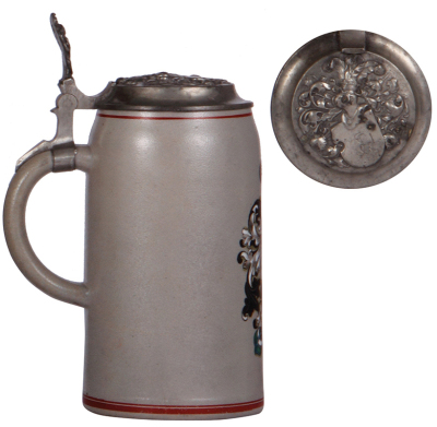 Stoneware stein, 1.0L, transfer & hand-painted, student society, pewter lid, mint. - 3