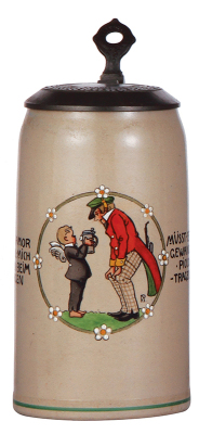 Stoneware stein, 1.0L, transfer & hand-painted, man & cupid, signed F. Ringer, pewter lid, mint.