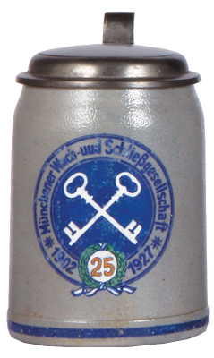 Stoneware stein, .5L, transfer & hand-painted, marked Marzi & Remy, Münchener Wach und Schliessgesellschaft, 1902 - 1927, pewter lid, some color wear mint.