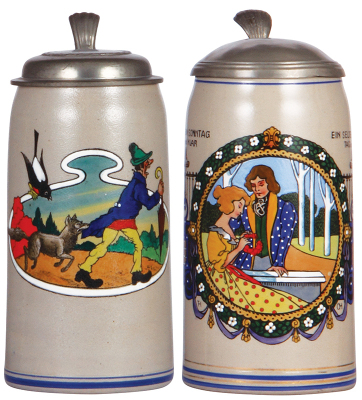 Two stoneware steins, 1.0L, transfer & hand-painted, dog biting man, pewter lid, mint; with, 1.0L, transfer & hand-painted, artist T. O. H., pewter lid is dented, body mint.