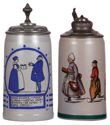 Two stoneware steins, 1.0L, transfer & hand-painted, marked M. & W. Gr., by F. Ringer, pewter lid, mint; with, 1.0L, transfer, Dutch family, pewter lid, mint.