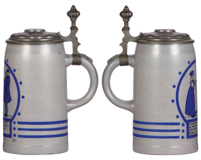 Two stoneware steins, 1.0L, transfer & hand-painted, marked M. & W. Gr., by F. Ringer, pewter lid, mint; with, 1.0L, transfer, Dutch family, pewter lid, mint. - 2