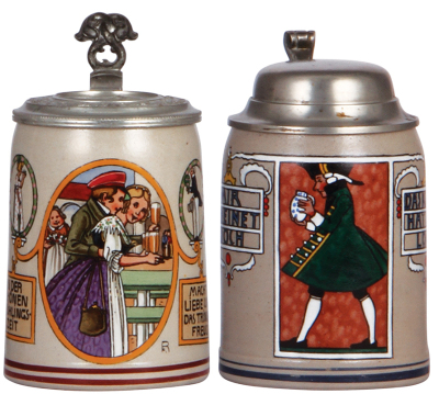 Two stoneware steins, .5L, transfer & handpainted, marked B.T.M., by F. Ringer, old replaced pewter lid, body mint; with, .5L, transfer & handpainted, by F. Ringer, pewter lid, missing center hinge ring, hinge works well, body mint.