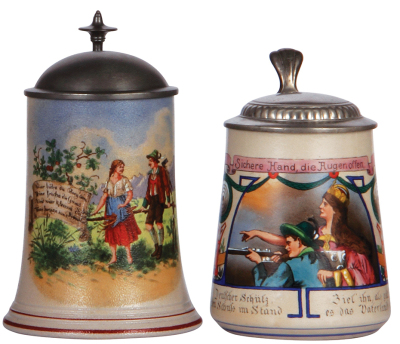 Two stoneware steins, .5L, transfer & hand-painted, marked A. Thewalt, pewter lid, mint; with, .5L, transfer & hand-painted, #1828, Germania shooting, pewter lid, mint.