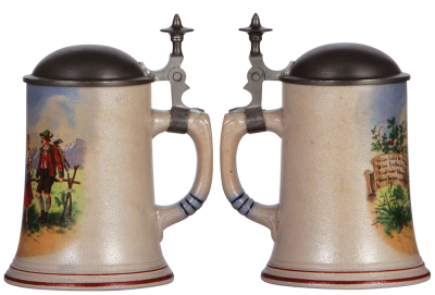 Two stoneware steins, .5L, transfer & hand-painted, marked A. Thewalt, pewter lid, mint; with, .5L, transfer & hand-painted, #1828, Germania shooting, pewter lid, mint. - 2