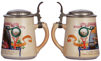 Two stoneware steins, .5L, transfer & hand-painted, marked A. Thewalt, pewter lid, mint; with, .5L, transfer & hand-painted, #1828, Germania shooting, pewter lid, mint. - 3