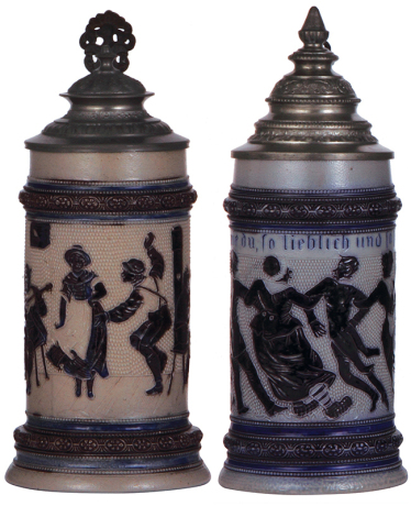 Two stoneware steins, .5L, threading, marked H.R., 160, by Hauber & Reuther, pewter lid, mint; with, .5L, threading, marked H.R., 179, by Hauber & Reuther, pewter lid, mint.