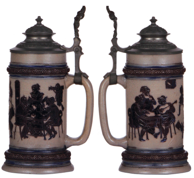 Two stoneware steins, .5L, threading, marked H.R., 160, by Hauber & Reuther, pewter lid, mint; with, .5L, threading, marked H.R., 179, by Hauber & Reuther, pewter lid, mint. - 2