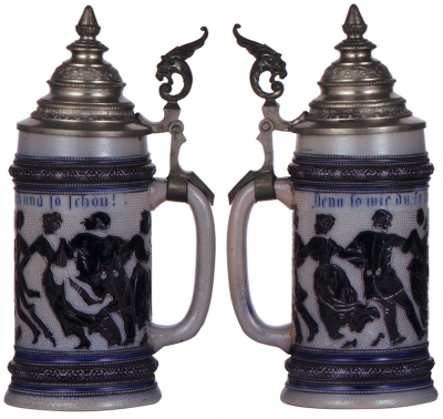 Two stoneware steins, .5L, threading, marked H.R., 160, by Hauber & Reuther, pewter lid, mint; with, .5L, threading, marked H.R., 179, by Hauber & Reuther, pewter lid, mint. - 3