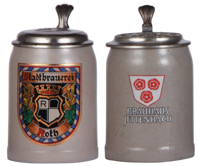 Two stoneware steins, .5L, transfer & hand-painted, marked Marzi & Remy, Stadtbrauerei Roth, matching relief pewter lid, missing center hinge ring, works well, body mint; with, .5L, transfer & hand-painted, Brauhaus Jettenbach, matching relief pewter lid,