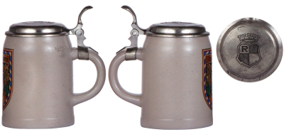 Two stoneware steins, .5L, transfer & hand-painted, marked Marzi & Remy, Stadtbrauerei Roth, matching relief pewter lid, missing center hinge ring, works well, body mint; with, .5L, transfer & hand-painted, Brauhaus Jettenbach, matching relief pewter lid, - 2