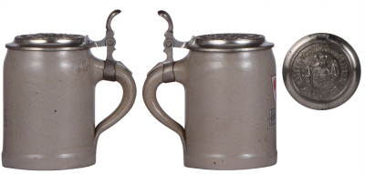 Two stoneware steins, .5L, transfer & hand-painted, marked Marzi & Remy, Stadtbrauerei Roth, matching relief pewter lid, missing center hinge ring, works well, body mint; with, .5L, transfer & hand-painted, Brauhaus Jettenbach, matching relief pewter lid, - 3