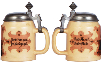 Two steins, pottery .5L, etched, marked H.R., 159, by Hauber & Reuther, pewter lid, mint; with, stoneware, .5L, etched, marked H.R., 163, by Hauber & Reuther, pewter lid, mint. - 2