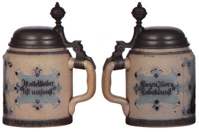 Two steins, pottery .5L, etched, marked H.R., 159, by Hauber & Reuther, pewter lid, mint; with, stoneware, .5L, etched, marked H.R., 163, by Hauber & Reuther, pewter lid, mint. - 3