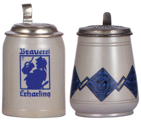 Two stoneware steins, .5L, transfer, Brauerei Erharting, signed L. Hohlwein, matching relief pewter lid, mint; with, .5L, transfer & hand-painted, marked R. Merkelbach, Schiffer Bräu, matching relief pewter lid, mint.