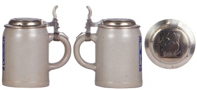 Two stoneware steins, .5L, transfer, Brauerei Erharting, signed L. Hohlwein, matching relief pewter lid, mint; with, .5L, transfer & hand-painted, marked R. Merkelbach, Schiffer Bräu, matching relief pewter lid, mint. - 2