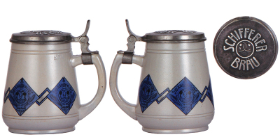 Two stoneware steins, .5L, transfer, Brauerei Erharting, signed L. Hohlwein, matching relief pewter lid, mint; with, .5L, transfer & hand-painted, marked R. Merkelbach, Schiffer Bräu, matching relief pewter lid, mint. - 3