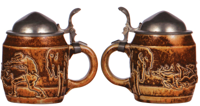 Two stoneware steins, .5L, marked 1644, Art Nouveau, hunter & dogs, pewter lid, mint; with, .5L, relief, marked 2119, made by R. Merkelbach, designed by Paul Wynand, brown saltglaze, Art Nouveau, pewter lid, mint. - 2
