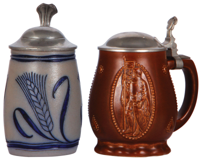 Two stoneware steins, .4L, incised, marked 1940, made by Marzi & Remy, blue salt glaze, Art Nouveau, pewter lid is an old replacement, body mint; with, 5L, relief, marked 3204, made by Wick Werke, brown salt glaze, Art Nouveau, pewter lid, mint.