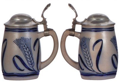 Two stoneware steins, .4L, incised, marked 1940, made by Marzi & Remy, blue salt glaze, Art Nouveau, pewter lid is an old replacement, body mint; with, 5L, relief, marked 3204, made by Wick Werke, brown salt glaze, Art Nouveau, pewter lid, mint. - 2