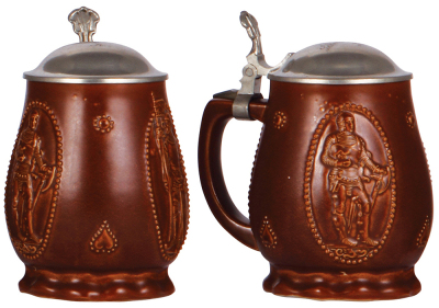 Two stoneware steins, .4L, incised, marked 1940, made by Marzi & Remy, blue salt glaze, Art Nouveau, pewter lid is an old replacement, body mint; with, 5L, relief, marked 3204, made by Wick Werke, brown salt glaze, Art Nouveau, pewter lid, mint. - 3