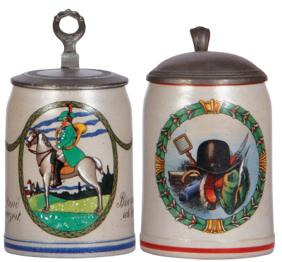 Two stoneware steins, .5L, transfer, trumpeter on horse; with, .5L, black hat, pewter lids, both mint.