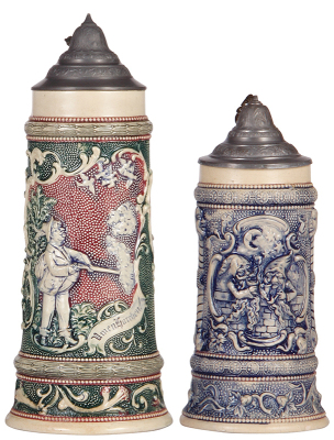 Two pottery steins, 1.0L, relief, both marked D.R.G.M. 154927, by Diesinger, 554, pewter lid, pewter tear; with .5L, gnomes, pewter lid, small base chip.