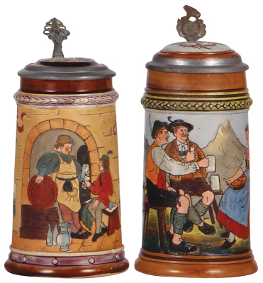 Two pottery steins, .25L, threading, marked J.W.R., by J.W. Remy, 909, inlaid lid, flake; with, .3L, etched, marked Coblenz Rheinland, 1359, inlaid lid, hairline on base edge.