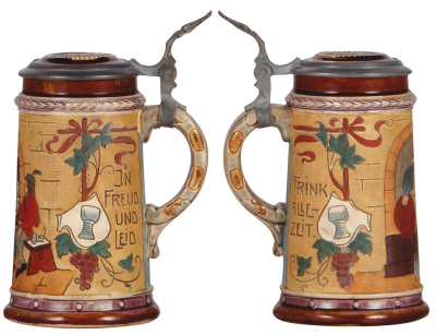 Two pottery steins, .25L, threading, marked J.W.R., by J.W. Remy, 909, inlaid lid, flake; with, .3L, etched, marked Coblenz Rheinland, 1359, inlaid lid, hairline on base edge. - 2