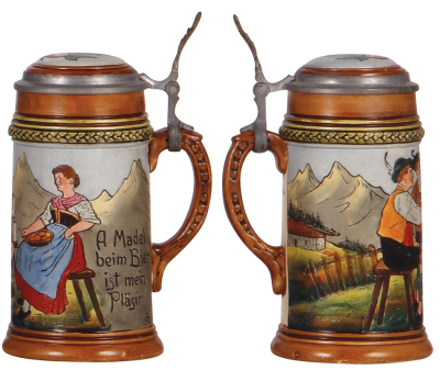 Two pottery steins, .25L, threading, marked J.W.R., by J.W. Remy, 909, inlaid lid, flake; with, .3L, etched, marked Coblenz Rheinland, 1359, inlaid lid, hairline on base edge. - 3