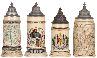 Four pottery steins, .5L & 1.0L, relief, by Diesinger, 24, with; .5L marked Hanke, transfer & hand- painted, with, .5L, marked M & W Gr., Mit Gott, für Kaiser und Reich, with, L, by Dümler & Breiden, 33, Zum Wohlsein, all have pewter lids, one hairline.