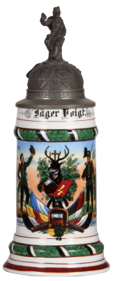 Regimental stein, .5L, 10.0'' ht., porcelain, 3. Comp., Jäger Bataillon Nr. 4, Bitsch, 1903 - 1905, two side scenes, roster, eagle thumblift, named to: Jäger Voigt, very slight tear at rear of lid, faint lithophane lines.