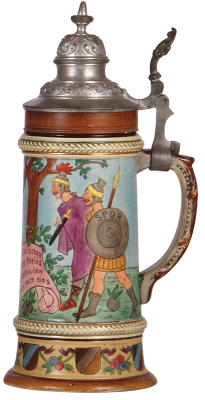 Two pottery steins, .5L, etched, marked Thewalt, 621, pewter lid, minor base scratches; with, .5L, etched Germans & Romans, pewter lid is old replacement, interior factory glaze flaw. - 3