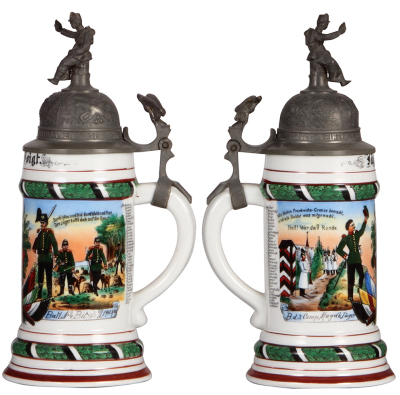 Regimental stein, .5L, 10.0'' ht., porcelain, 3. Comp., Jäger Bataillon Nr. 4, Bitsch, 1903 - 1905, two side scenes, roster, eagle thumblift, named to: Jäger Voigt, very slight tear at rear of lid, faint lithophane lines. - 2