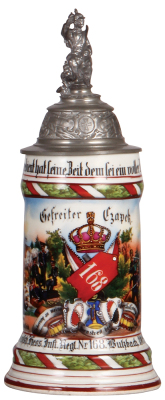 Regimental stein, .5L, 11.0" ht., porcelain, Leib Comp., Inft. Regt. Nr. 168, Butzbach, 1902 - 1904, two side scenes, roster, lion thumblift, named to: Gefreiter Czapek, mint. 