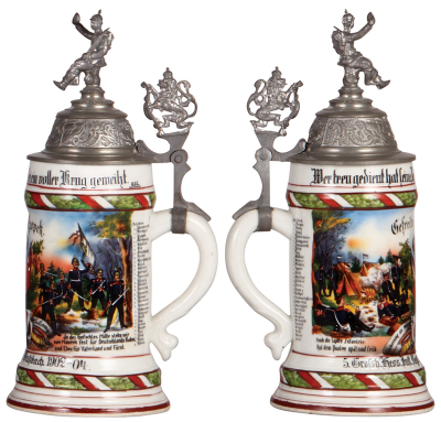 Regimental stein, .5L, 11.0" ht., porcelain, Leib Comp., Inft. Regt. Nr. 168, Butzbach, 1902 - 1904, two side scenes, roster, lion thumblift, named to: Gefreiter Czapek, mint.  - 2