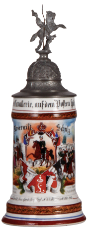 Regimental stein, .5L, 11.2" ht., porcelain, 2. Esk. Garde Drag. Regt. Nr. 23, Darmstadt, 1900 - 1903, two side scenes, roster, lion thumblift, named to: Reservist Schulz, mint.