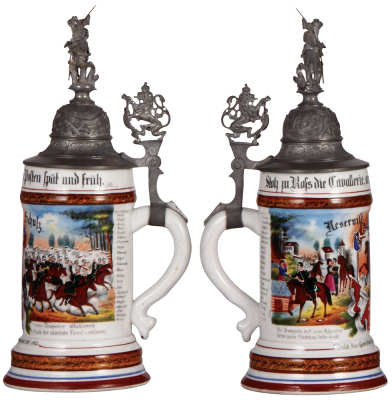 Regimental stein, .5L, 11.2" ht., porcelain, 2. Esk. Garde Drag. Regt. Nr. 23, Darmstadt, 1900 - 1903, two side scenes, roster, lion thumblift, named to: Reservist Schulz, mint. - 2