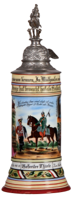 Regimental stein, .5L, 12.0" ht., porcelain, 5. Esk., Jäger Regt. zu Pferde Nr. 5, Mülhausen i./Els., 1906 - 1909, four side scenes, roster, eagle thumblift, named to: Gefreiter Thiele, scenes with Jäger zu Pferde & Husar, small hole in lithophane repaire