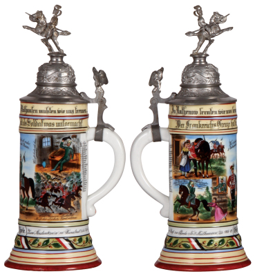 Regimental stein, .5L, 12.0" ht., porcelain, 5. Esk., Jäger Regt. zu Pferde Nr. 5, Mülhausen i./Els., 1906 - 1909, four side scenes, roster, eagle thumblift, named to: Gefreiter Thiele, scenes with Jäger zu Pferde & Husar, small hole in lithophane repaire - 2