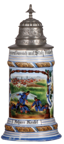 Regimental stein, .5L, 10.2" ht., porcelain, 3. Comp., bayr. Inft. Regt. Nr. 19, Erlangen, 1902 - 1904, four side scenes, wreath thumblift, named to: Johann Kestel, faint lithophane lines, a little color fading on lower bands.