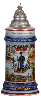 Regimental stein, .5L, 9.9'' ht., stoneware, Kgl. bayr., 1. Jäger Bataillon, Freising, not dated, four side scenes, Bavarian thumblift, named to: Jäger Anton Koch (engraved on lid), mint.