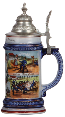 Regimental stein, .5L, 9.9'' ht., stoneware, Kgl. bayr., 1. Jäger Bataillon, Freising, not dated, four side scenes, Bavarian thumblift, named to: Jäger Anton Koch (engraved on lid), mint. - 2