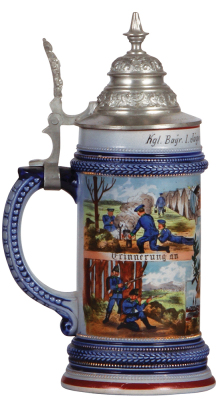 Regimental stein, .5L, 9.9'' ht., stoneware, Kgl. bayr., 1. Jäger Bataillon, Freising, not dated, four side scenes, Bavarian thumblift, named to: Jäger Anton Koch (engraved on lid), mint. - 3